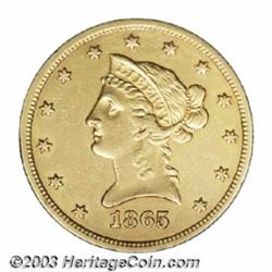 1865-S $10 865 Over Inverted 186 AU50 Scratched, Field Tooled, Cleaned Uncertified.