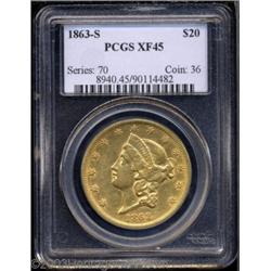 1863-S $20 XF45 PCGS.
