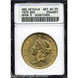 1873 $20 Open 3--Scratched--ANACS. Unc Details, Net AU55.