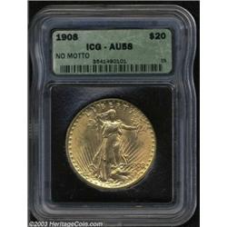 1908 $20 No Motto AU58 ICG.