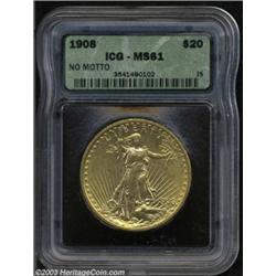 1908 $20 No Motto MS61 ICG.