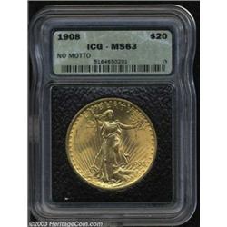1908 $20 No Motto MS63 ICG.