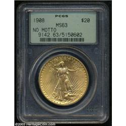 1908 $20 No Motto MS63 PCGS.