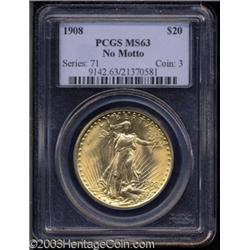 1908 $20 No Motto MS63 PCGS.
