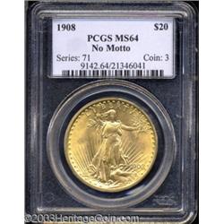 1908 $20 No Motto MS64 PCGS.