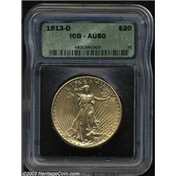 1913-D $20 AU50 ICG.