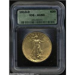 1913-D $20 AU50 ICG.