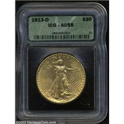 1913-D $20 AU55 ICG.