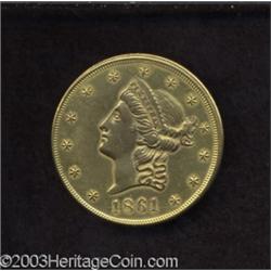 1861 $20 Clark, Gruber $20 Copper Die Trial MS60 Gilt, Cleaned Uncertified.