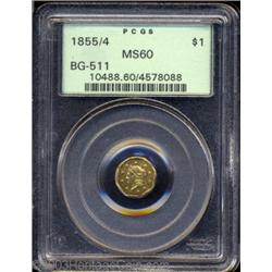 1855/4 $1 Liberty Octagonal 1 Dollar, BG-511, High R.4, MS60 PCGS.