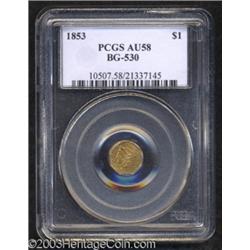 1853 $1 Liberty Octagonal 1 Dollar, BG-530, R.2, AU58 PCGS.