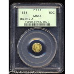 1881 50C Indian Octagonal 50 Cents, BG-957A, Low R.6, MS64 PCGS. Listed as BG-952B in the Breen-G