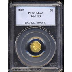 1872 $1 Indian Octagonal 1 Dollar, BG-1119, High R.5, MS63 PCGS.