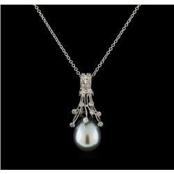 Pearl and Diamond Pendant With Chain - 14KT White Gold