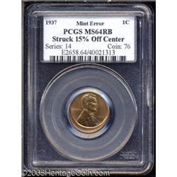 1937 1C Cent--Struck 15% Off Center--MS64 Red and Brown PCGS.