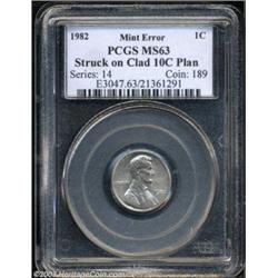 1982 1C Large Date Cent--Struck on Clad 10C Planchet--MS63 PCGS.