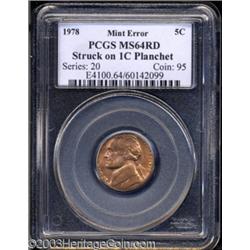 1978 5C Nickel--Struck on 1C Planchet--MS64 Red PCGS.