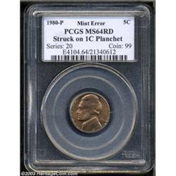 1980-P 5C Nickel--Struck on Cent Planchet--MS64 Red PCGS.