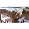 Image 8 : Teak Root Dining Table w/Round Glass Top (51" Dia.) w/ 4 White Slipcovered Chairs