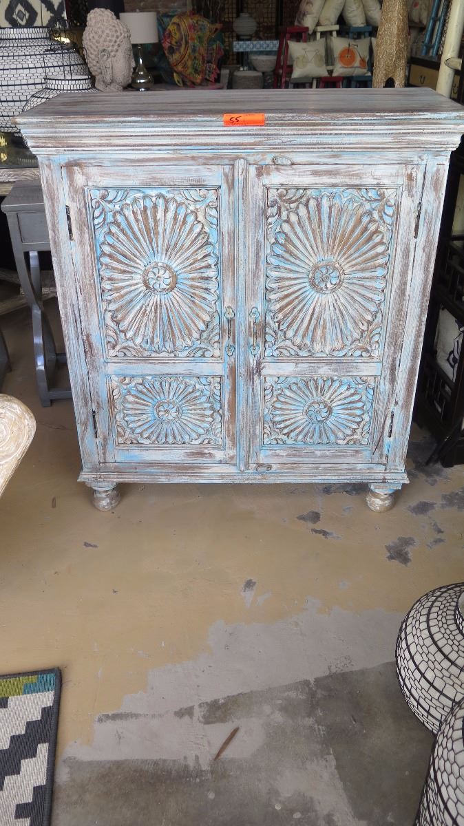 Recycled Teak Wood Cabinet W Carved Dbl Doors Blue Whitewash