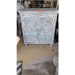 Recycled Teak Wood Cabinet w/Carved Dbl Doors (Blue/Whitewash) 38.5"W X 17"D X 44"H