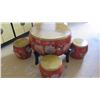 Image 2 : Red Lacquer Taiko Drum Game Table w/4 Matching Drum Stools - Table Surface 31" Dia.