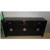 Image 2 : Black Lacquer Sideboard w/Scroll Accent 78.5" X 19" D X 31" H - 3 cabinets, 3 drawers