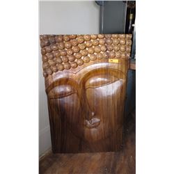 Solid Carved Hardwood Buddha Wall Panel (Rich-Grained Dark Wood) 32"W, 2.5" thick, 51"H