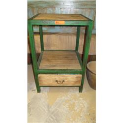 Rustic Wood Side Table - Natural Wood, Green Cast Metal Frame 23.5" X 24" X 35.5" H