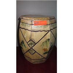 Handpainted Cedar Octagonal Storage Bin (Mountain Village) lid is cracked. 17.5"H, 12" Dia