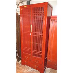 Red Lacquer Cabinet w/Slatted Dbl Doors, 2 Bottom Drawer 42" X 19" X 66" H