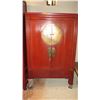 Image 1 : Red Lacquer Cabinet w/2 Drawers (Armoire Style) - 42" X 18" X 65.5" H