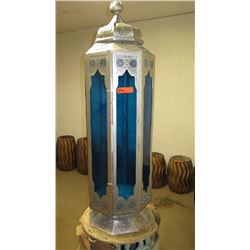 Lrg Blue Morrocan Lantern - Fiber Glass w/Filligree Metal - 16" Dia, 53" Tall