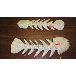 Qty 2 Carved Hardwood Fish Skeleton - Light Wash (flat back) 11"X39" & 13"X40"