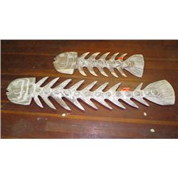 Qty 2 Carved Hardwood Fish Skeleton - one spike chipped off. 67" & 40"