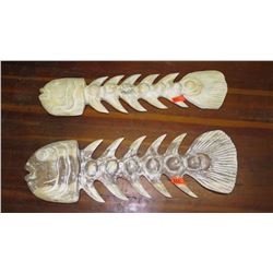 Qty 2 Carved Hardwood Fish Skeleton - Light Wash (flat back) 40" L
