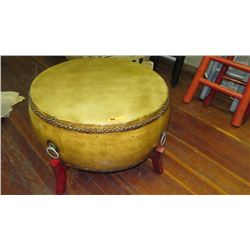 Round Taiko Drum Game Table - Brass Stud Accents, Wooden Stand