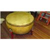 Image 1 : Round Taiko Drum Game Table - Brass Stud Accents, Wooden Stand