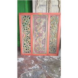 Weathered Painted 3-Panel Carved Wooden Screen - Red Frame 49"W X 2" 52"L