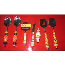 Whimsical Colorful 7-Pc Serving Set: Forks, Spoons, Cheese Shaver, Knife