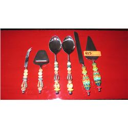 Whimsical Colorful 6-Pc Serving Set: Cake Knife, Trowel, Lrg Fork/Spoon, Cheese Shaver, Knife