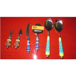 Whimsical Beaded 6-Pc Serving Set: Cocktail Fork/Knife, Cheese Shaver/Knife, Fork/Spoon