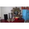 Image 1 : Wooden Sunburst Mirror, Filigree Blk Metal Basket, Wooden Bowls, Glass Candle Holders, etc.