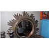 Image 2 : Wooden Sunburst Mirror, Filigree Blk Metal Basket, Wooden Bowls, Glass Candle Holders, etc.