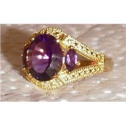 Beautiful 3 amethysts & 2 round good diamonds ring STERLING -.925 belle bague argent 2 diamands