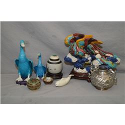 Selection of Asian collectibles including two majolica ducks including 8 1/2" tall with teal and aub