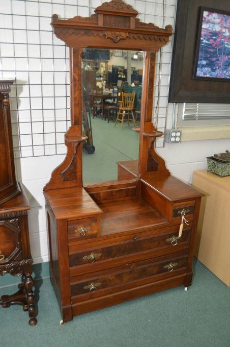Antique Americana Four Drawer Drop Dresser With Tall Mirror And