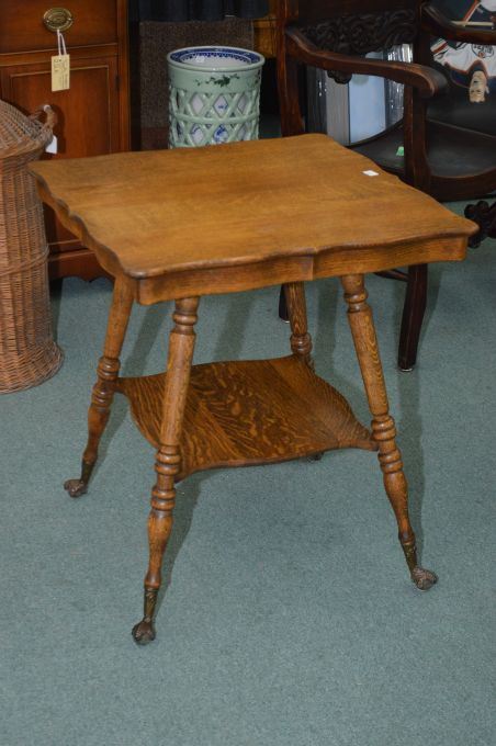 Antique Quarter Cut Oak Two Tier Occasional Table With Cast And Glass Ball And Claw Feet Antique Glass Ball And Claw Foot Table