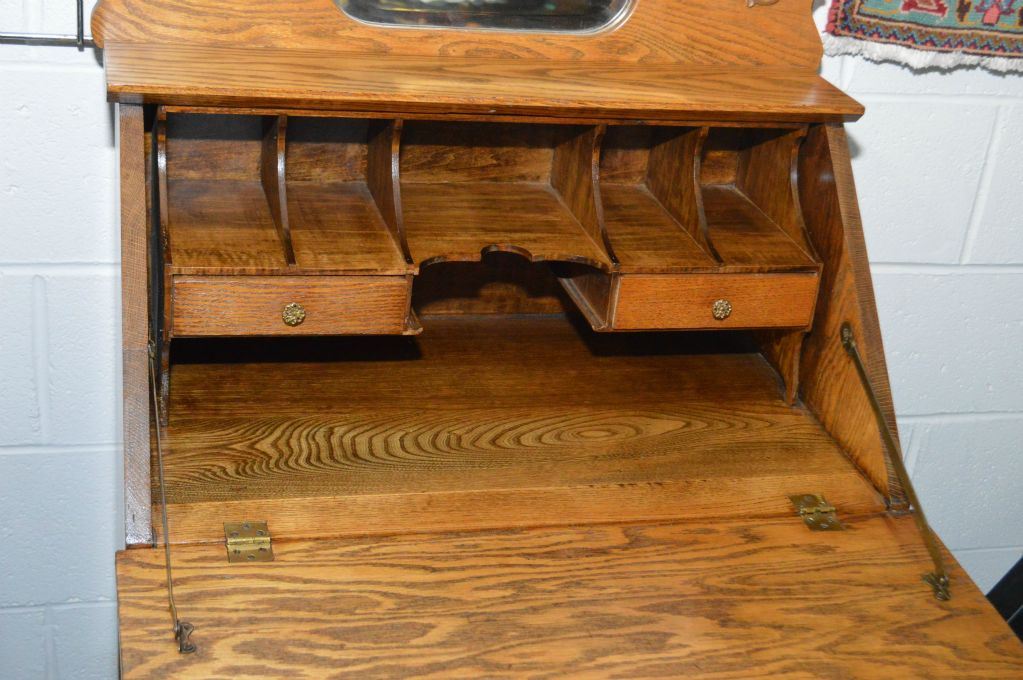 Small Canadiana Oak Drop Front Desk With Fitted Interior Large