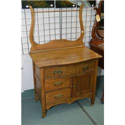 Antique Canadiana harp back washstand with three drawers including one curved and commode cupboard